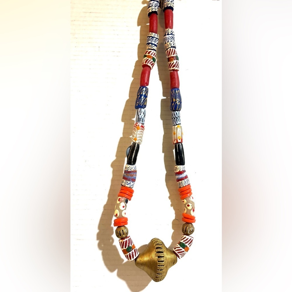 Handmade Africa Multicolor Beaded Necklace with Gold Focal Accent - Picture 3 of 3